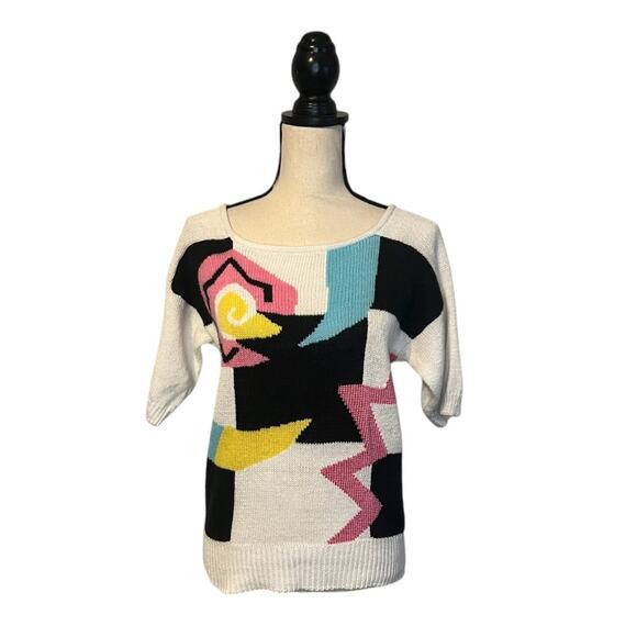 Vintage Ann Stevens White Abstract Print Sweater Size Small Short Sleeve Cozy - Picture 2 of 6